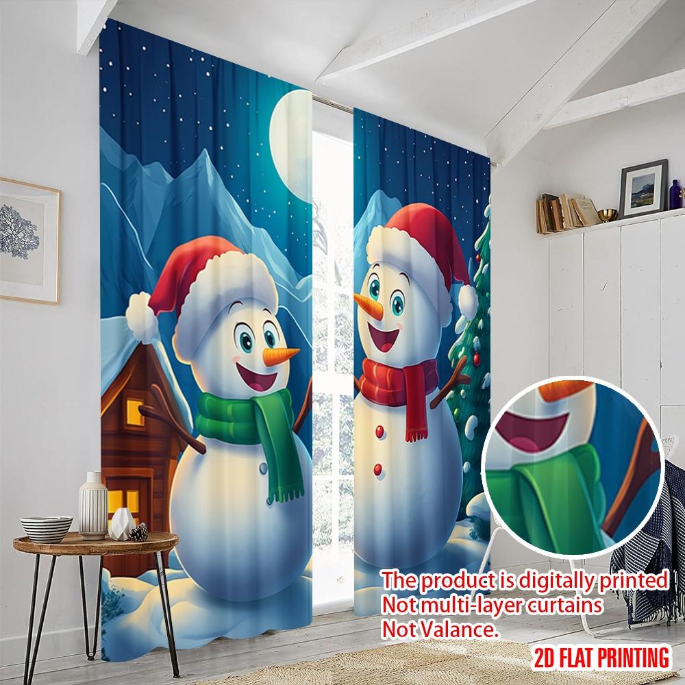2pcs,2D Plane Printing Curtains Cute Snowmen Winter Christmas Durable Polyester (without Rod) Room Decor Use for Living Room,