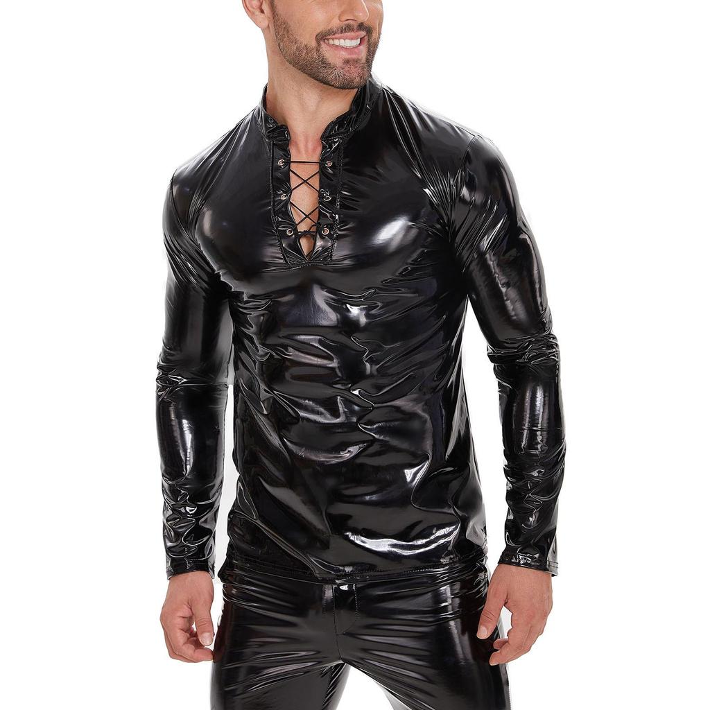 Men's PU Leather Mirror Surface Stand Collar Jacket - Black Slim Fit, Lace-up Style with Long Sleeves.