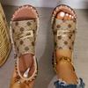 Women's European & American Flat Sandals with Elastic Fabric Band and Metal Accents, Plus Size, Beach-Ready.