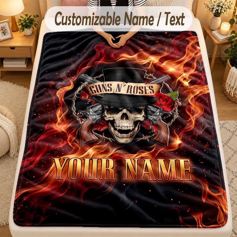 Flannel BlanketGuns N’ Roses Custom Name Text Personalized Soft Warm Throw Blanket Home Decor Gift