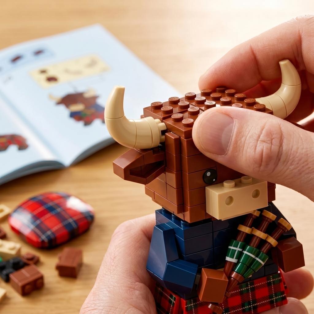 Building Block Set Scottish Highland Bull with Bagpipes 241 Pieces Creative Construction Toy Model for Display and Collection