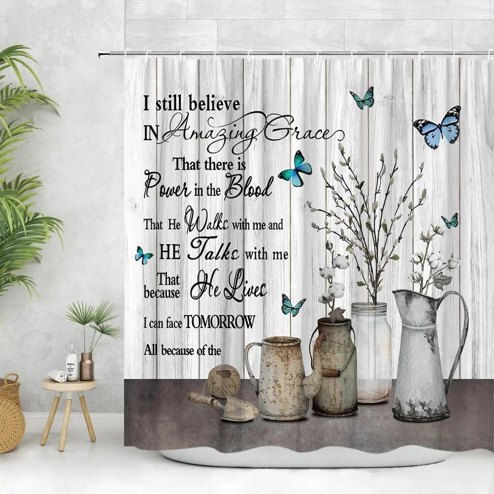 

Floral Shower Curtain Watercolor Farm Botanical Leaf Butterfly Rustic Wooden Panel Inspirational Quotes Bathroom Decor Curtain W60H190(CM)-1 Pcs