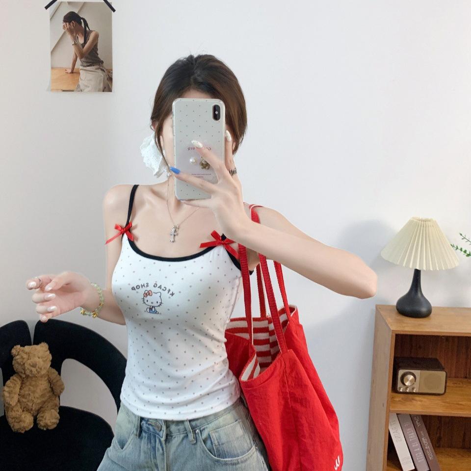 #Summer New Spice Girl Wind Polka Dot Printing Splicing Contrasting Color Sling Vest Female Slim Fixing Belt Chest Pad