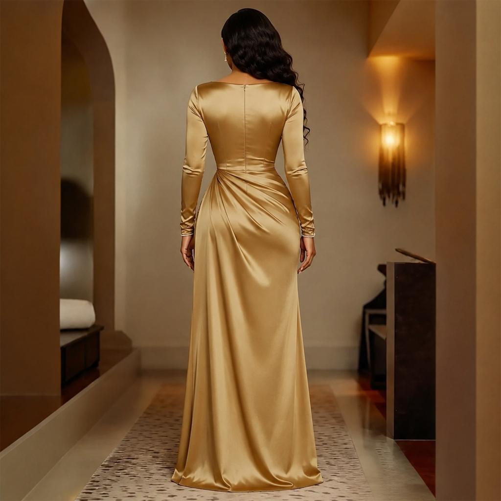 Women's Satin Long Sleeve Bodycon Evening Dress with Waist-Cinching Fit for Formal Occasions