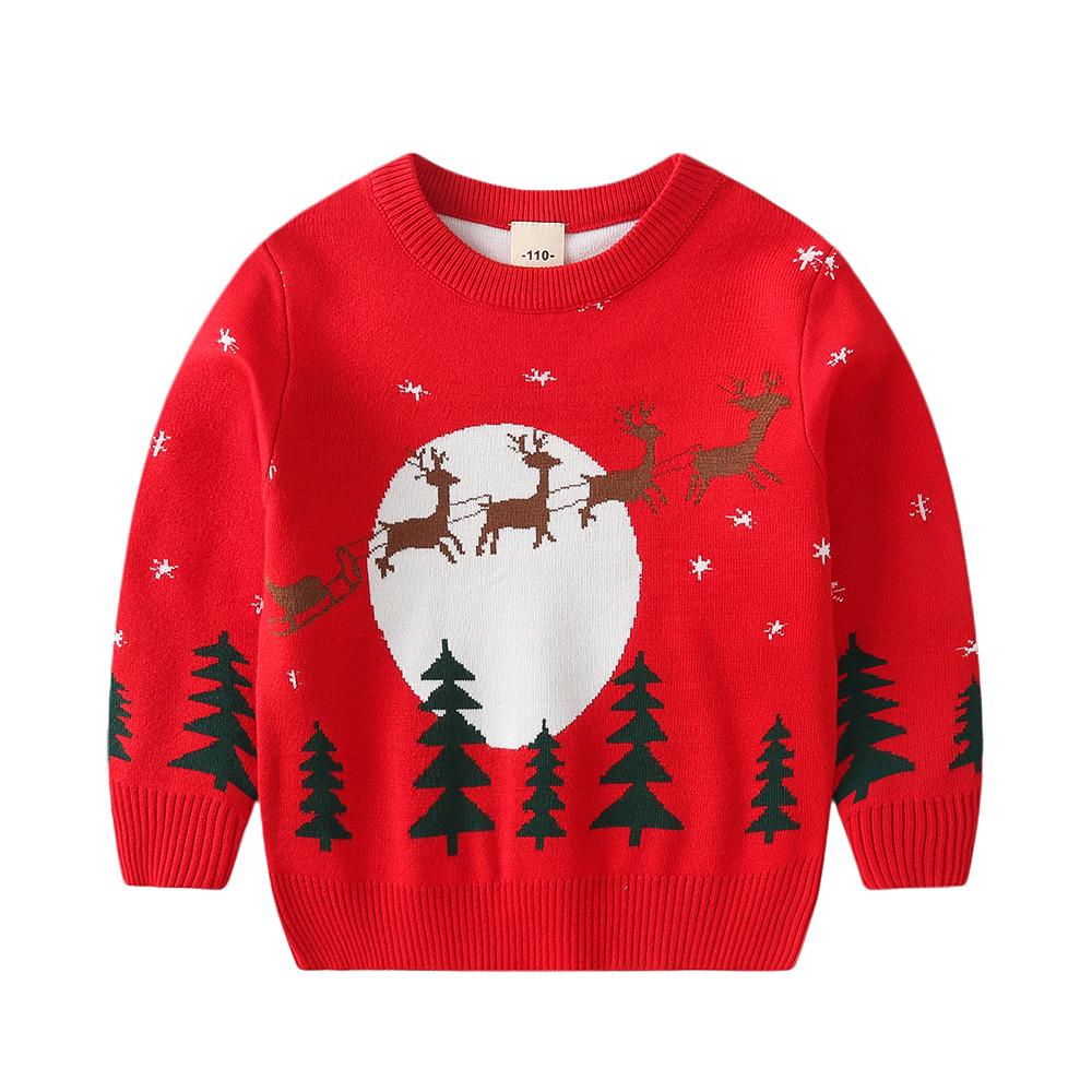 Christmas Kids' Sweater with Cartoon Sleigh, Reindeer & Santa Claus, Pullover Design, Long Sleeve