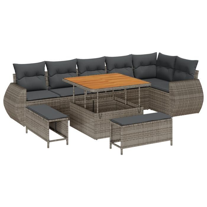 Ensemble de canapé de jardin 9 pièces avec coussins gris en Poly Rattan Acacia, Ensemble de salle à manger de jardin 3 3361888