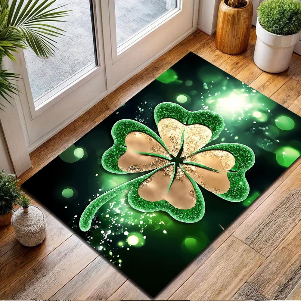 Glowing Green Four-Leaf Clover Design Patterned carpet, non slip mat suitable for living room and bedroom sofas