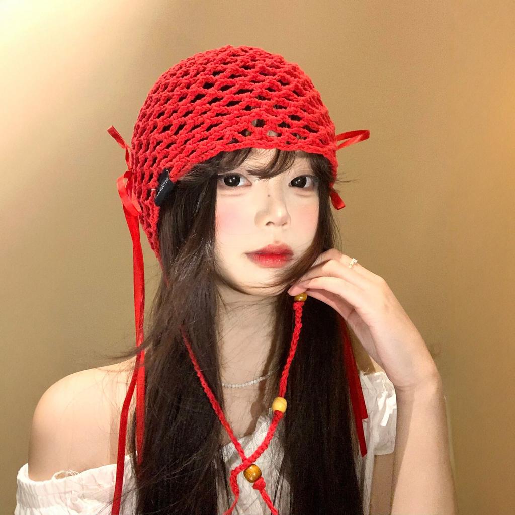 Red bow beaded fringed headhat women's summer hollow thin fashionable face small breathable knitted hat