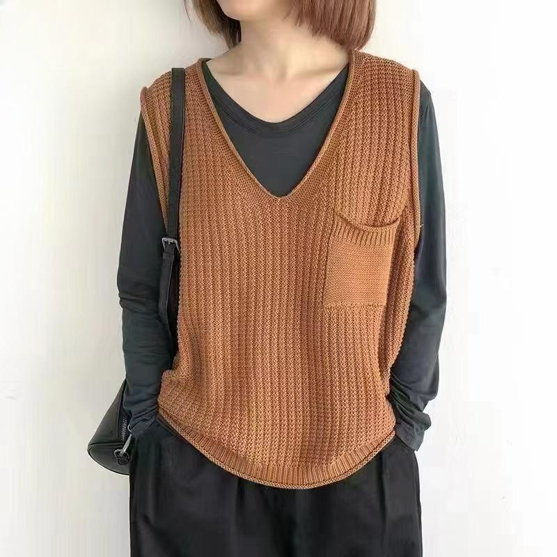 Spring and Autumn Solid Color V-neck Literary Knitted Vest Vest Large Size Fat Mm Stacked Sweater Waistcoat