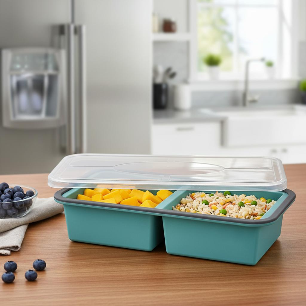 Silicone Compartment Food Storage Container with Lid Bento Box Freezer Microwave Safe Leakproof Meal Prep for Home Outdoor