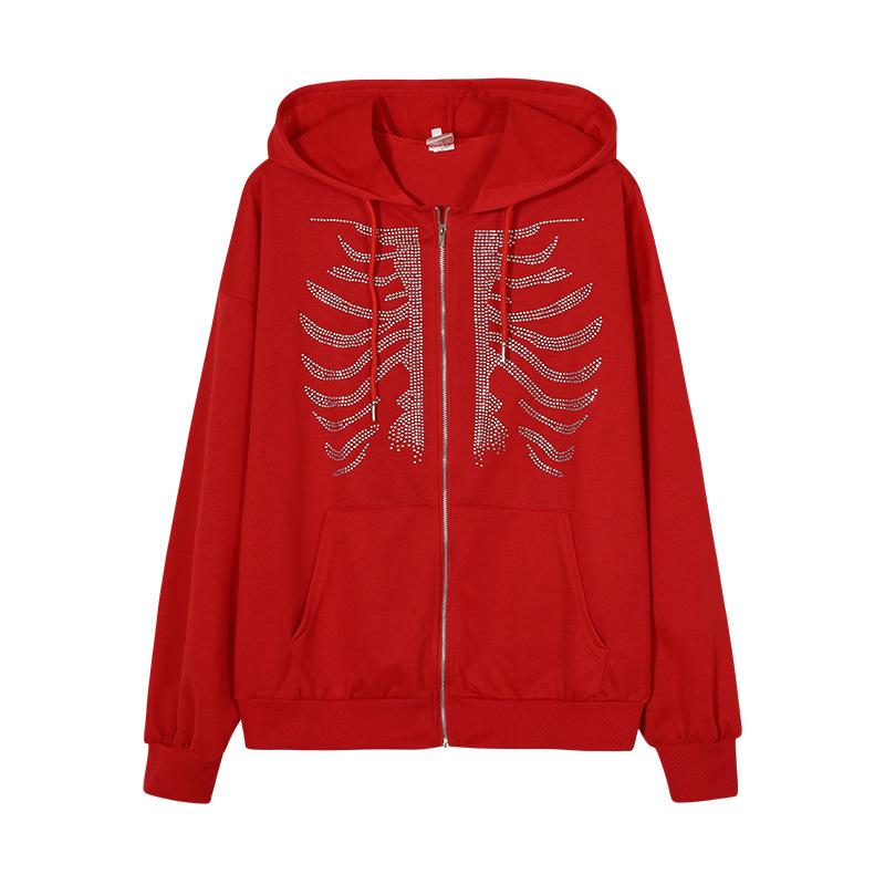 Rhinestone Zipper Hooded Sweatshirt: Streetwear Casual Style, Solid Color, Loose Fit.