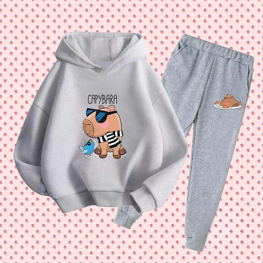 Autumn Winter New Capybara Cartoon Print Outfit Kids Hoodie Set Boys Girls 3-17 Casual Fashion Children's Set Trousers Pant Suit