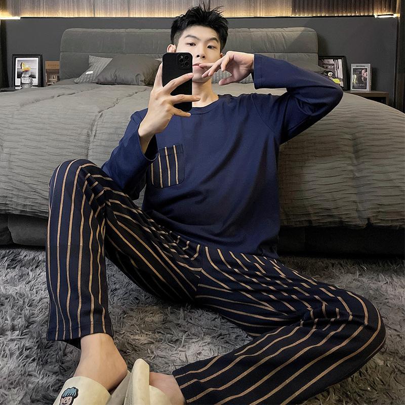 spring Autumn Leisure loose young Boys Sleepwear Men's Pajamas Set Stripe Long Sleeve Nightwear Pijama Home Wear y2k men Clothes
