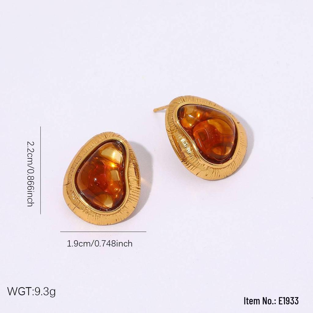 Vintage Amber Gradient Flower & Heart Stainless Steel Stud Earrings with Sun Pattern