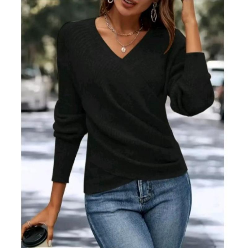 V Neck Long Sleeve Pullover Loose Fit Solid Color Knit Sweater