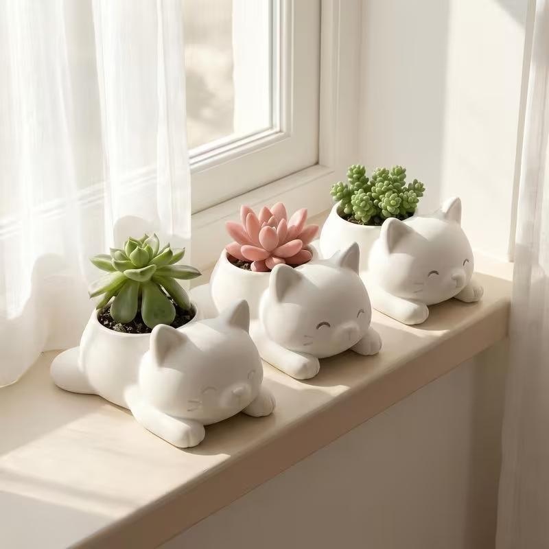 3D Printed Cat Flower Pot Cute Ornaments Mini Plant Pot Multi-Functional Decoration Animal Shaped Desktop Planter Kitchen Use