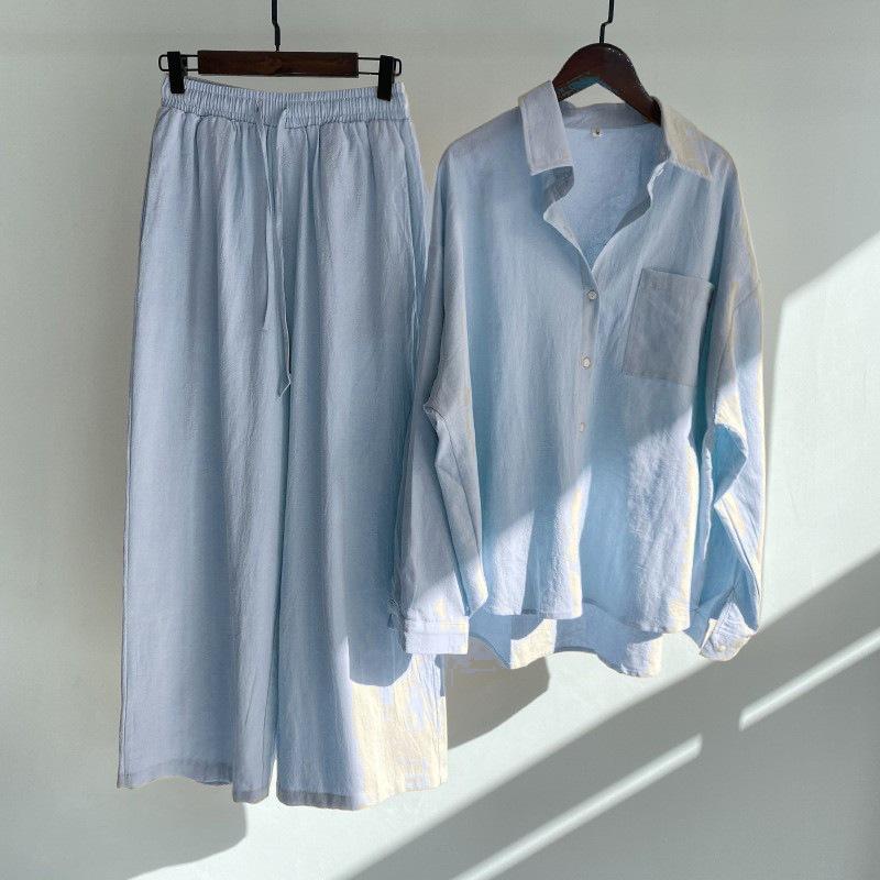 Women's Plus Size Spring and Autumn Cotton and Linen Casual Shirt Suit Loose and Thin Commuter Two-piece Suit