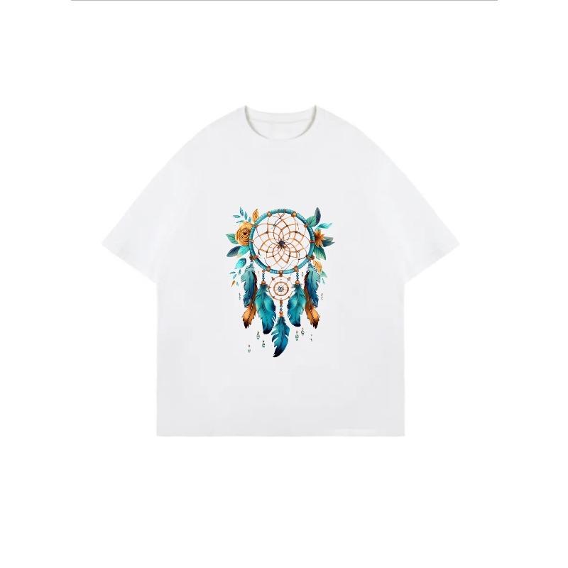 White T-Shirt With Dreamcatcher Floral Print For Casual Wear