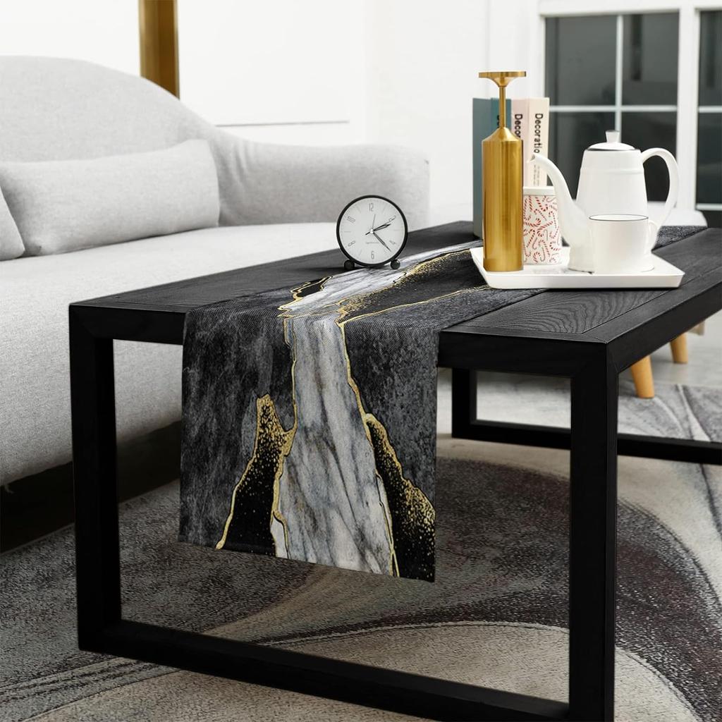 Abstract Marble Linen Table Runners Modern Black Grey Gold Table Runner Dresser Scarf Kitchen Home Party Dining Table Decoration
