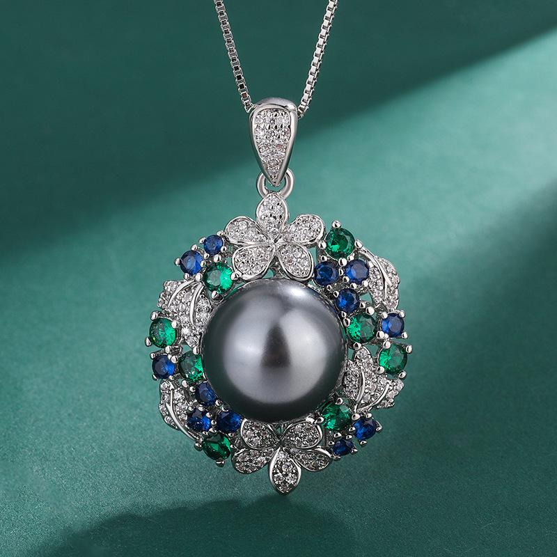 Platinum Grey Pearl Ring Tahiti Deep Sea Emerald Zircon Flower Necklace Earnail Set Jewelry Women