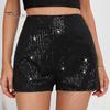 Women Shorts High Elastic Waist Shiny Sequin Solid Color Straight Slim Fit Soft Breathable Above Knee Length Club Party Beach Mini Shorts