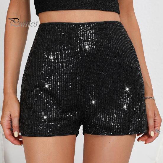 Women Shorts High Elastic Waist Shiny Sequin Solid Color Straight Slim Fit Soft Breathable Above Knee Length Club Party Beach Mini Shorts