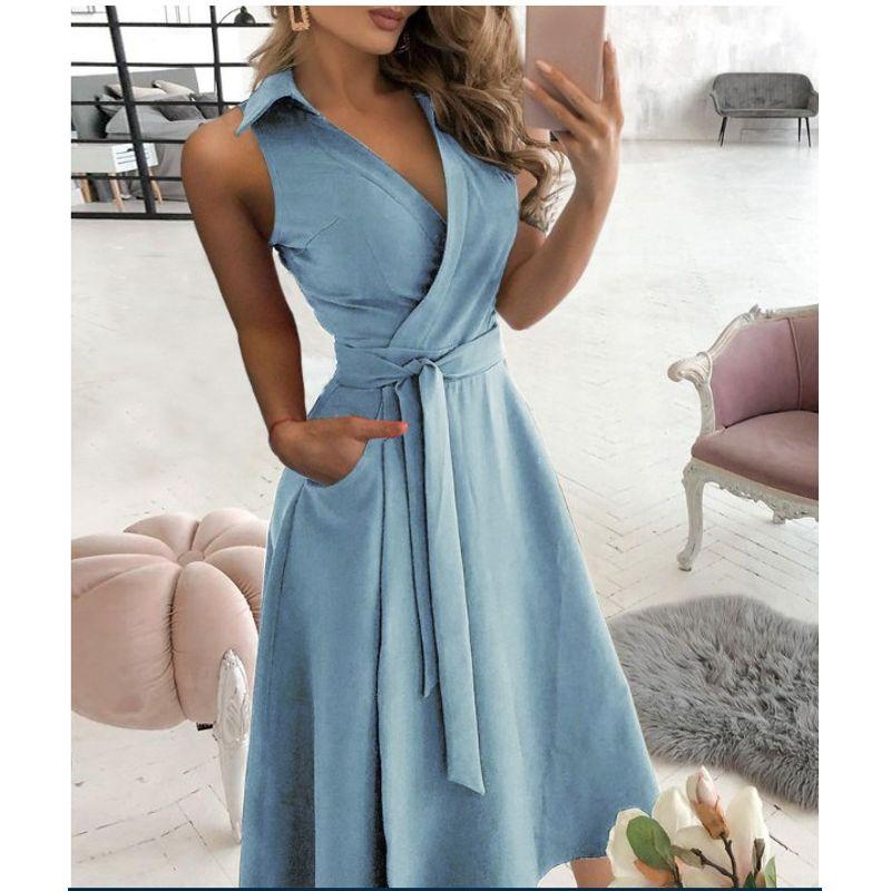 

Sleeveless Printed Dress European and American Women s Clothing Spring/Summer Fashion Sleeveless V Neck Series Belt Dress Sky Blue S