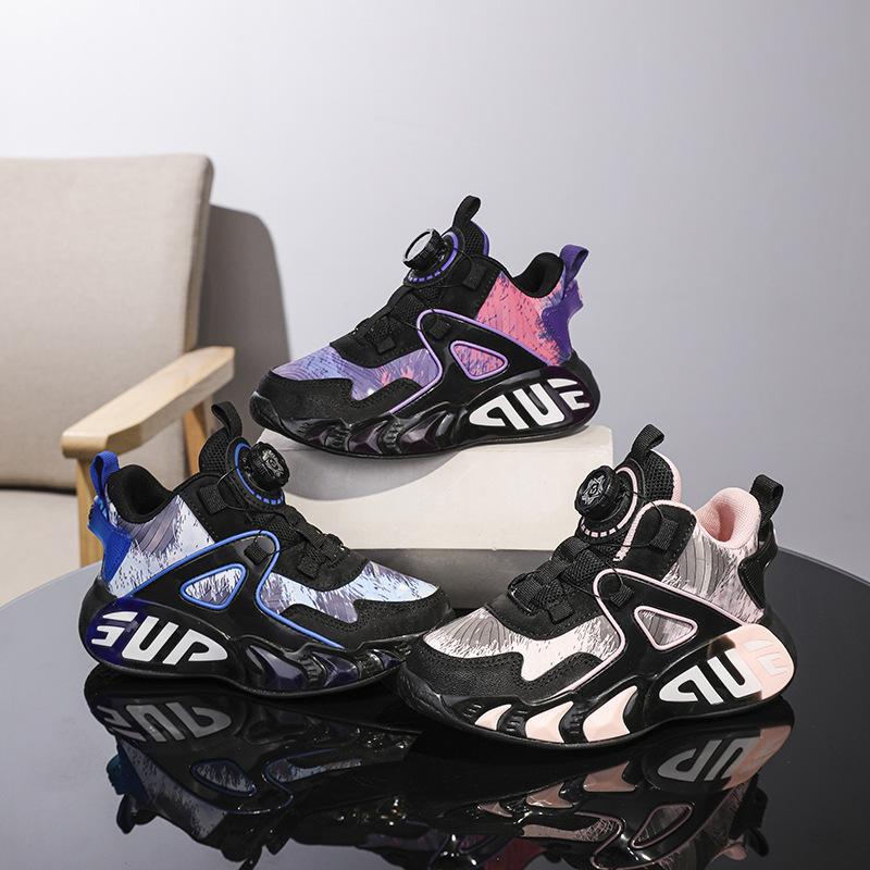 Children's rotating button sneakers 2025 autumn and winter new girls waterproof running shoes boys lightweight basketball shoes