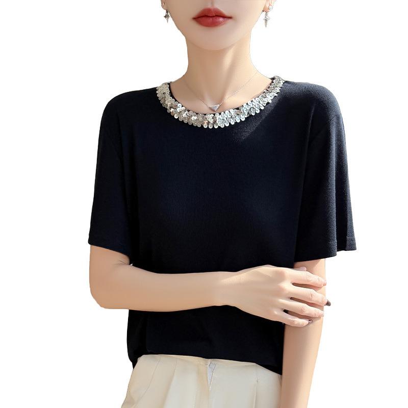 Spring and Summer Heavyweight Sequin Solid Color Base Shirt T-Shirt New Round Neck Knitted Shirt Short Sleeve Women's