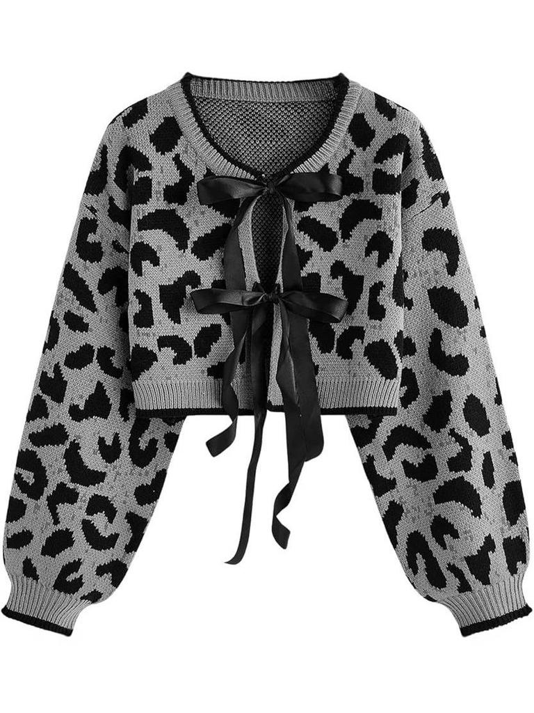Damen Leopardenmuster Strickjacke mit Bindung vorne, Langarm Lässiger Kurzer Pullover