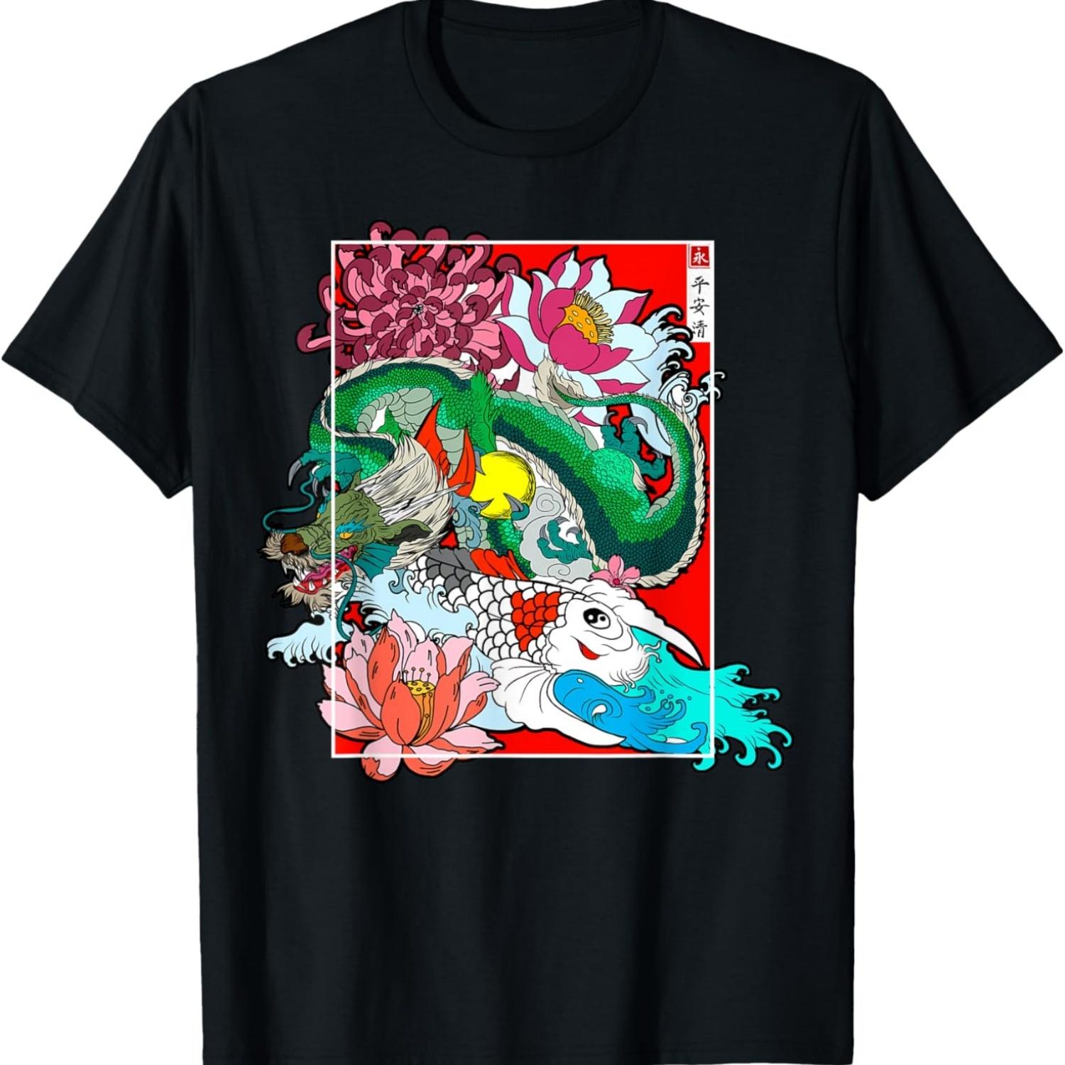Dragon Koi Carp Nishikigoi Flowers Sakura Blossom T-Shirt S чёрный
