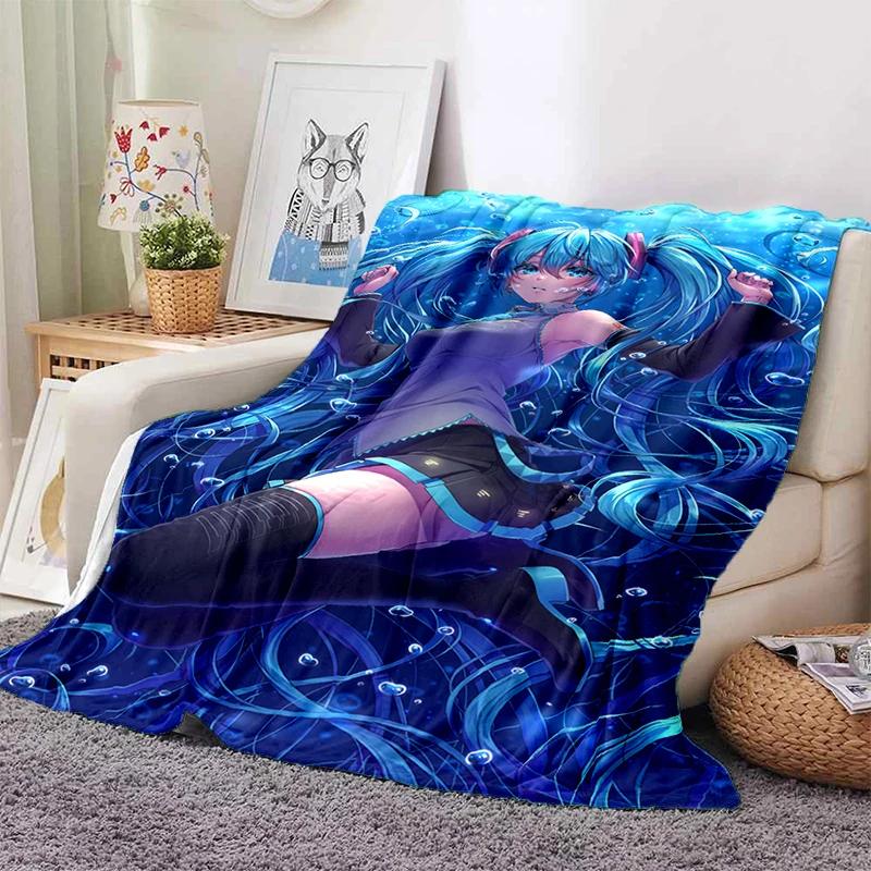 3D M-MIKUS Music VOCALOID Cartoon Girl Soft Plush Blanket,Flannel Throw Blanket for Living Room Bedroom Bed Sofa Cover Gift