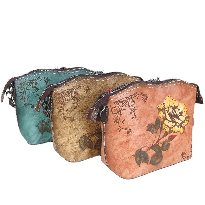 The First Layer of Cowhide One-shoulder Messenger Women's Bag, Chinese Style Rose Rose Women's Bag