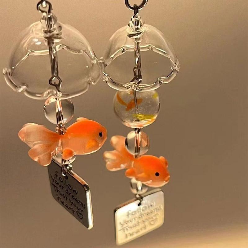 Transparent Keychain Cute Goldfish Wind Chime Pendant Keyring Mobile Phone Lanyard Bag Decorative Chain Kawaii Home Decorations