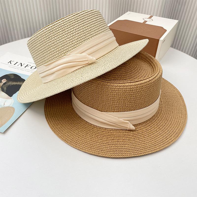 Women Summer Straw Hat Travel Beach Panama Sun Hats For Female Solid Color Ribbon Wide Brim Sunscreen Cap
