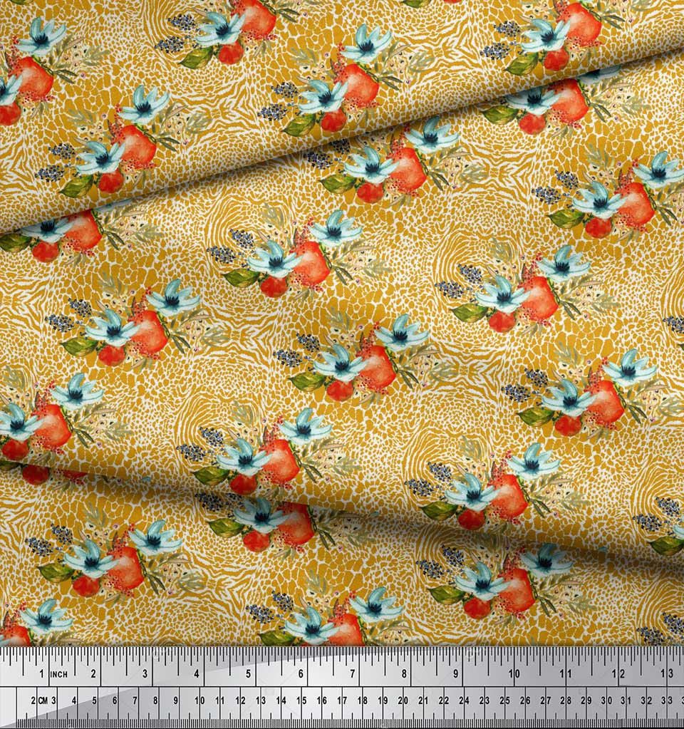 Soimoi Gold Japan Crepe Satin Fabric Tomato & Zephyranthes Floral Print Sewing Fabric metre 42 Inch