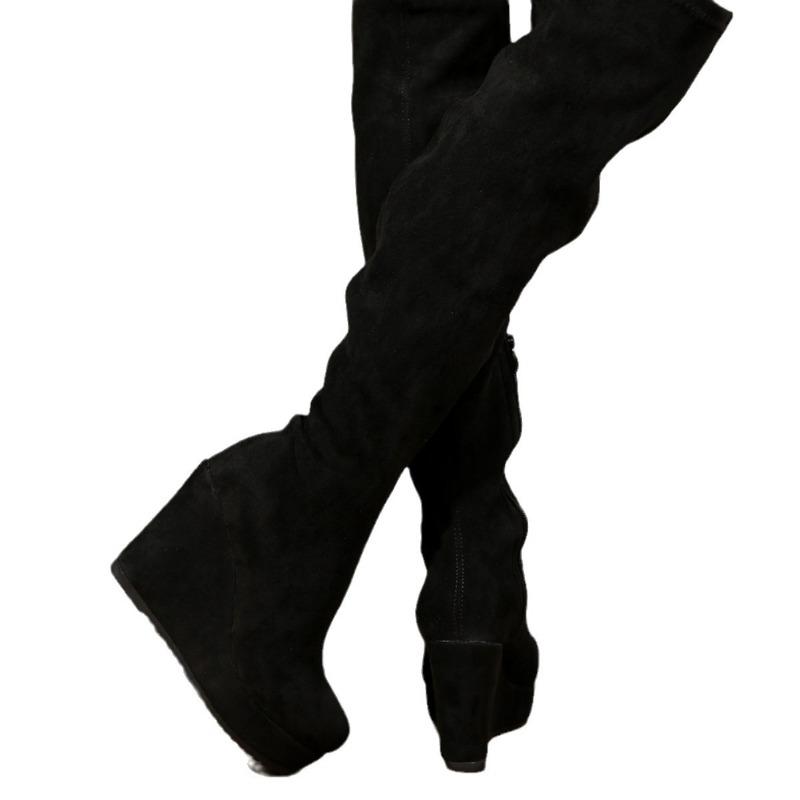 Side Zipper Women's Boots Retro Brown Flock High Heels Autumn Winter Platform Wedges Height Increasing Modern Boots Women Shoes