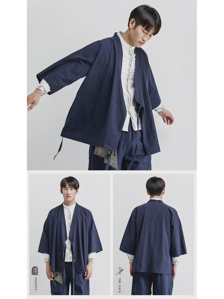 Herren Lockerer Hanfu Cardigan: Altchinesischer buddhistischer & taoistischer Stil mit Dreiviertelärmeln