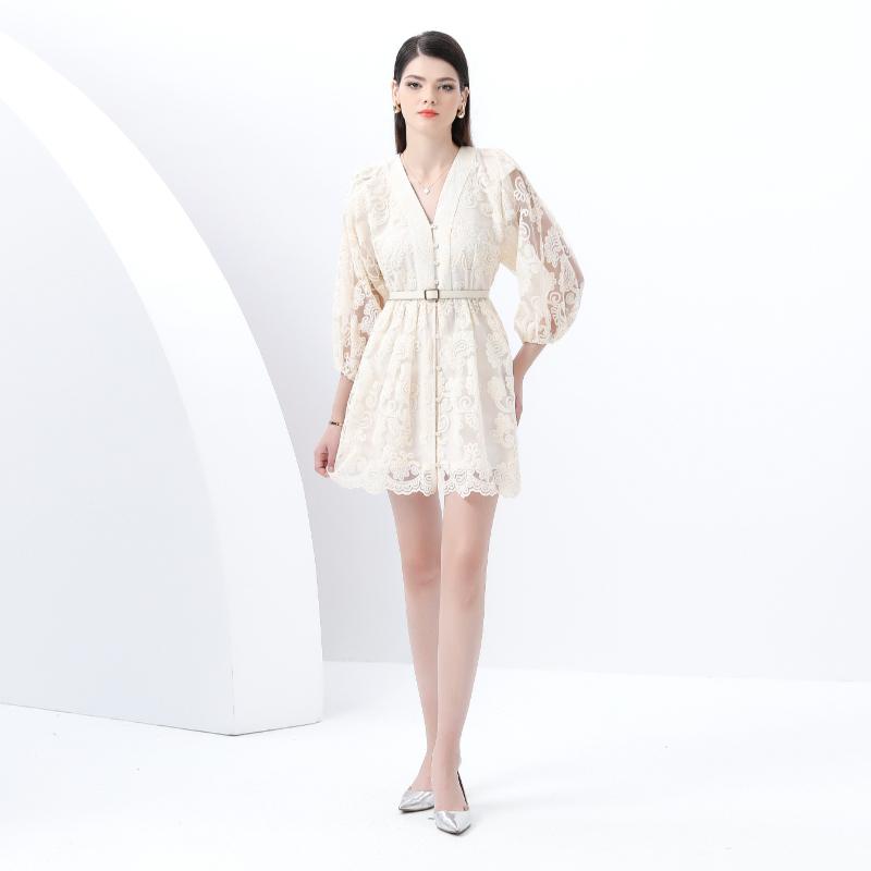 Spring Summer Women V-neck Single Breasted Mesh Embroidery Flower Mini Short Holiday Chic Boho Dresses with Belt