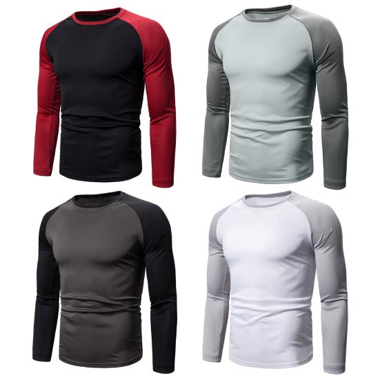 Män Höst Vår Topp Rund Hals Färg Matchande Patchwork Slim Fit Elastisk Långärmad Stretchig Tunn Män Sport Fritidskläder T-shirt