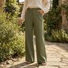 Bequeme Hose Baumwolle Leinen Weites Bein für Damen, Lockerer Knopf Elastischer Bund Arbeitsbund Freizeit Hose, Einfarbige Palazzo mit Taschen