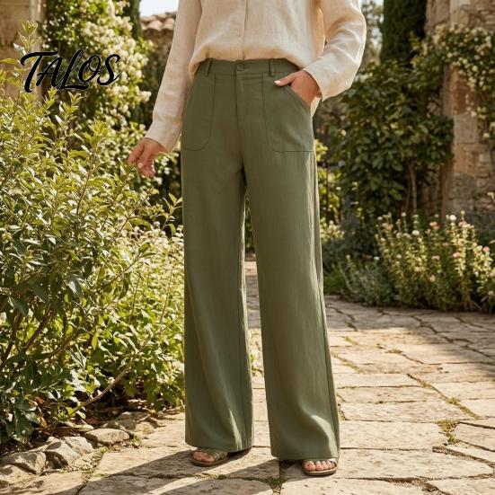 Bequeme Hose Baumwolle Leinen Weites Bein für Damen, Lockerer Knopf Elastischer Bund Arbeitsbund Freizeit Hose, Einfarbige Palazzo mit Taschen