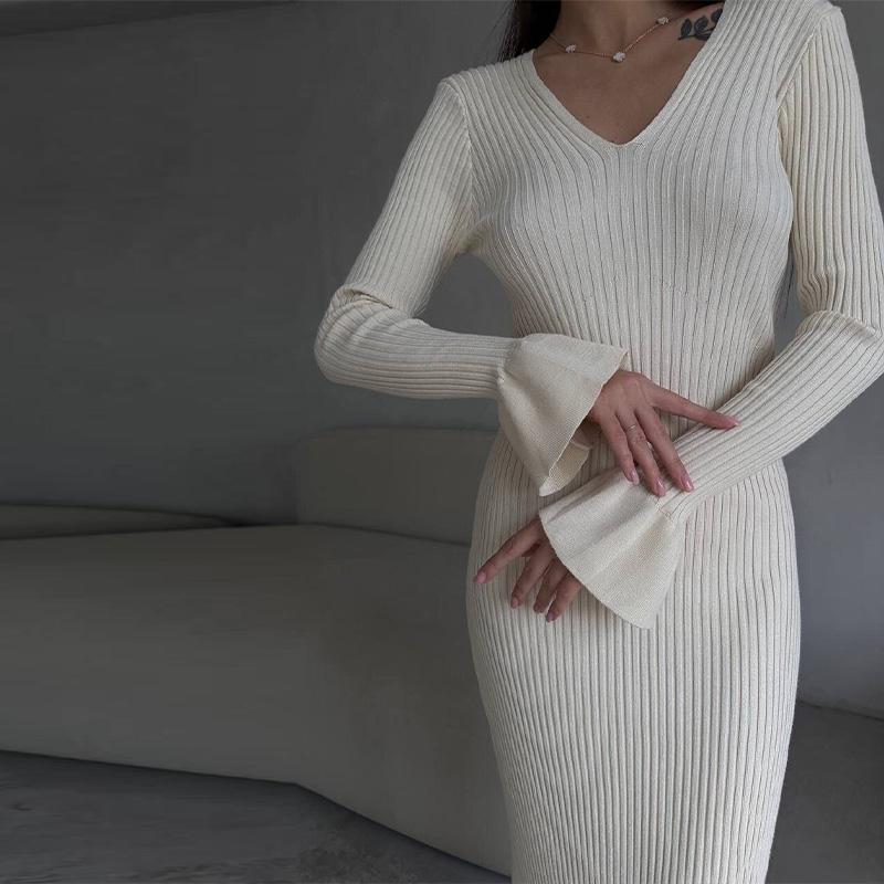 Women Elegant Solid Slim Long Sleeve Ribbed Knitted Dresses Autumn Winter Casual Basic V-neck Warm Sweater Dress