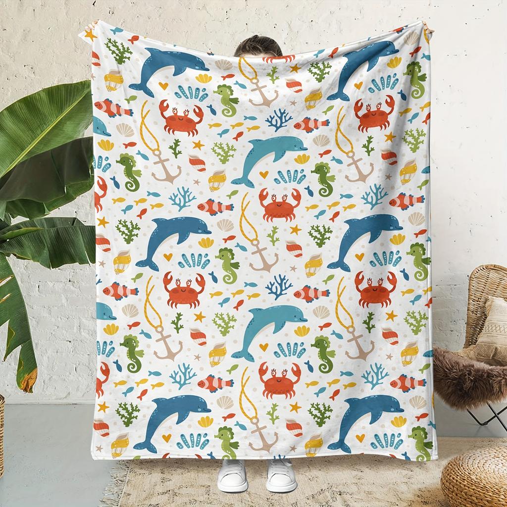 1pc Vibrant Marine Life Flannel Throw Blanket - Cozy, Soft, and Warm with Dolphins, Crabs, and Sea Plants Print - Ideal for Couc