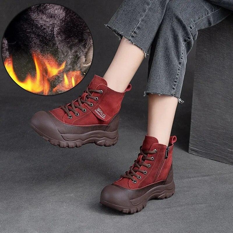 Johnature Cizme scurte calde de pluș de iarnă, retro, din piele naturală, de culoare uni, pantofi de damă, versatili, confortabili