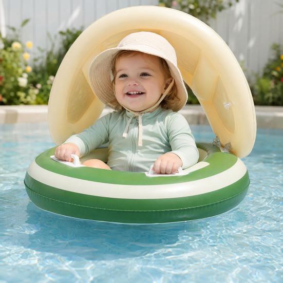 Inel gonflabil pentru bebeluși cu copertină, Inel plutitor gonflabil cu dungi pentru copii mici băieți fete, Inel pentru piscină cu protecție UV împotriva soarelui cu scaun de siguranță, Mânere