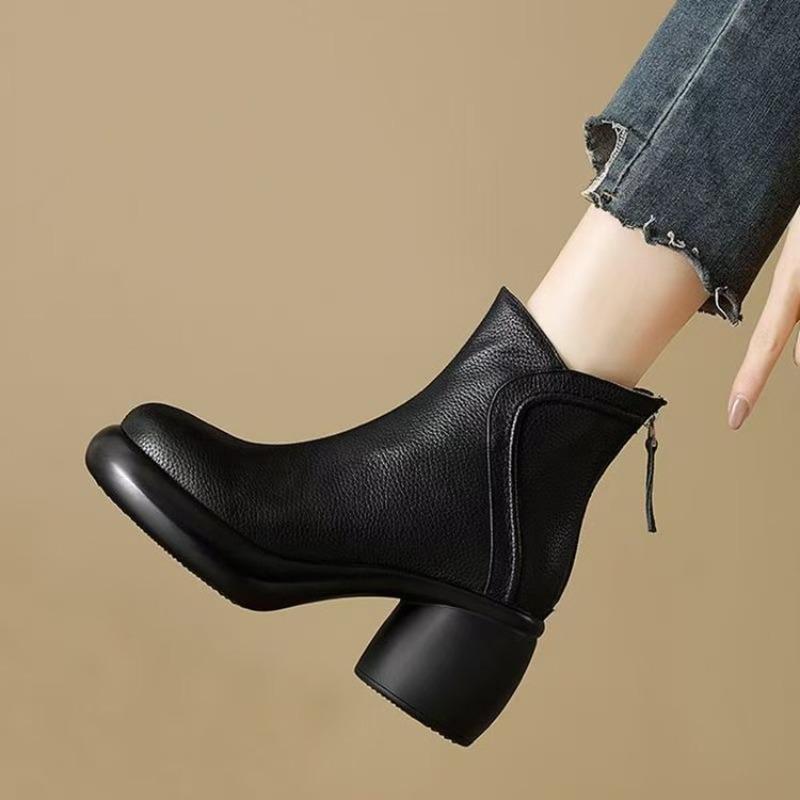 Retro Shoes with Fleece, High Heels, Thick Heels, Short Boots, Women's Thick-soled, Soft-soled Shoes, Nude Boots