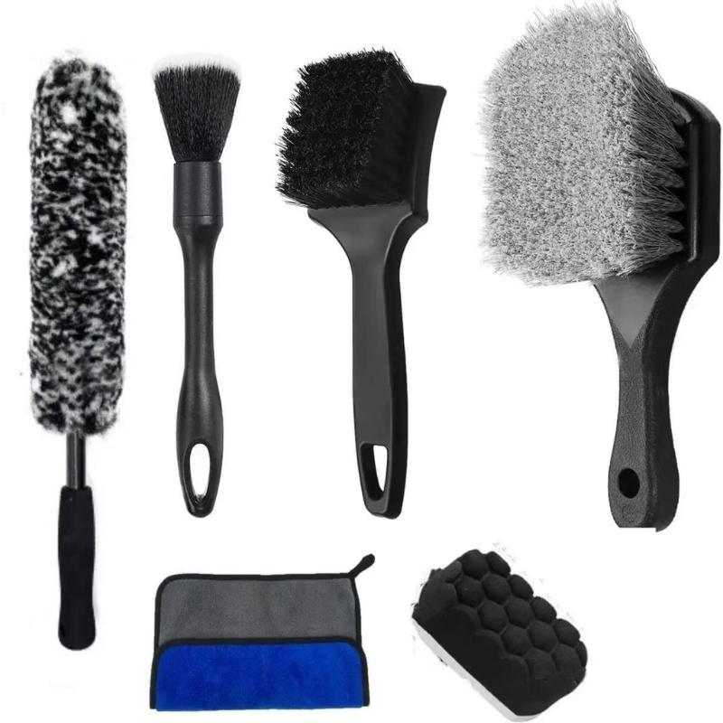 7Pcs Soft Bristle Wheel Brushes For Car Detailing Short Handle Design Non Scratch Plastic Cleaning Tools