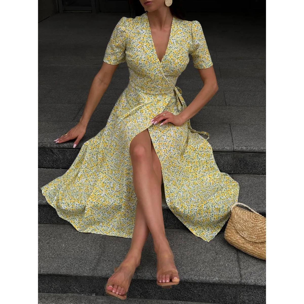 

Summer New Floral Maxi Dress Women s V-neck Short Sleeve One-piece Lace-up Wrap Waist Slit Casual Dress European American Style S жёлтый