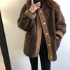 Korean Style Lamb Wool Corduroy Patchwork Coat - Women's Round Neck Loose Fit for Autumn and Winter